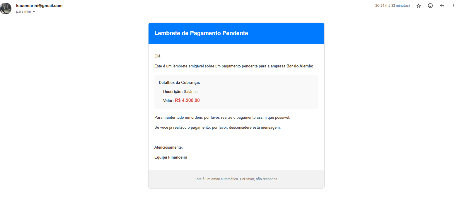 Exemplo de e-mail de lembrete de pagamento